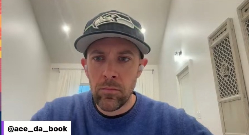 Ace on a public video call with @ace_da_book visible